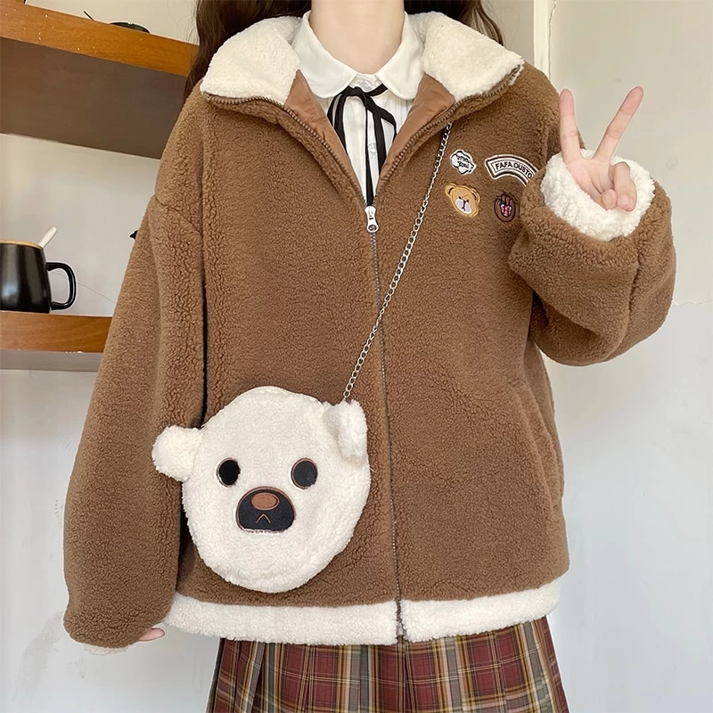 Japanese Mori Girl Style Color Matching Coat With Bear Shoulder Bag 5 Japanese Mori Girl Style Color Matching Coat With Bear Shoulder Bag - Image 3