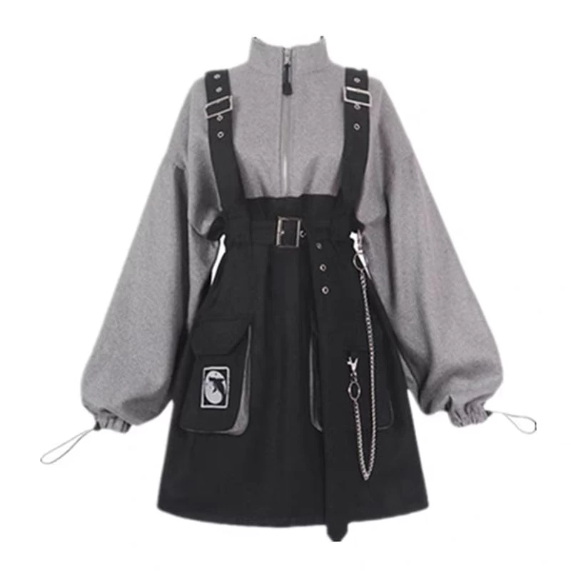 Punk Zipper Chain Pocket T-Shirt Dress 3 Punk Zipper Chain Pocket T-Shirt Dress