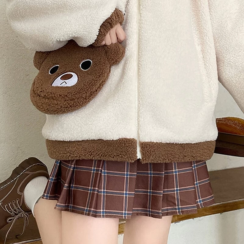 Japanese Mori Girl Style Color Matching Coat With Bear Shoulder Bag 8 Japanese Mori Girl Style Color Matching Coat With Bear Shoulder Bag - Image 6