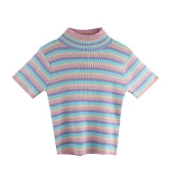 Korean Fashion Sweet Rainbow Striped Short T-shirt -Kawaii Fashion Shop O1CN01TcQHi41eZNIuN0sYd 2688833885