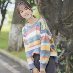 Korean Fashion Girl All-match Striped Sweater -Kawaii Fashion Shop O1CN01ffC38823pjoiHT8Tr 3191337305