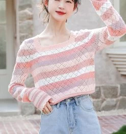 French Fashion Pink Striped Hollow Sweater -Kawaii Fashion Shop O1CN01gDSEex23pk27KIlER 3191337305