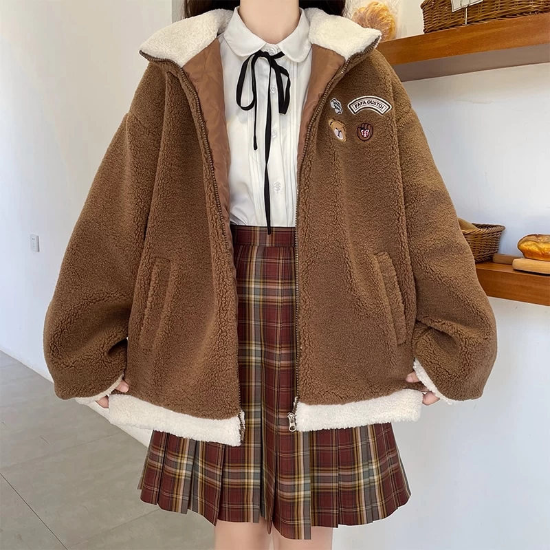 Japanese Mori Girl Style Color Matching Coat With Bear Shoulder Bag 6 Japanese Mori Girl Style Color Matching Coat With Bear Shoulder Bag - Image 4