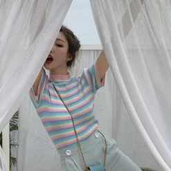 Korean Fashion Sweet Rainbow Striped Short T-shirt -Kawaii Fashion Shop O1CN01ymfmx91eZNSakWrrE 0 item pic