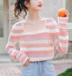 French Fashion Pink Striped Hollow Sweater -Kawaii Fashion Shop O1CN01ysQIhR23pk27KIQSi 3191337305
