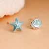 Sea Shell Irregular Silver Earrings -Kawaii Fashion Shop Ocean Starfish and Shell Stud Earrings with Lt Blue Enamel 925 Sterling Silver Women Fashion Jewelry