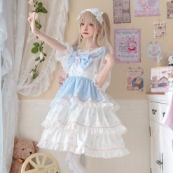 Kawaii Drippy Polkadot Lolita Jsk Dress -Kawaii Fashion Shop Peach Mousse Sweet Tiered Lolita JSK Dress by Yomi 3