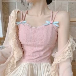 Kawaii Pink Chantilly Crop Top 10 Kawaii Pink Chantilly Crop Top -Kawaii Fashion Shop Pink Crop Top Women Summer Double Shoulder Straps Cute Flower Bow Decoration Stretchy Fabric Sweet Lace 2