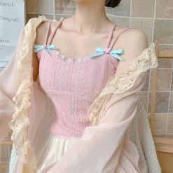 Kawaii Pink Chantilly Crop Top 11 Kawaii Pink Chantilly Crop Top -Kawaii Fashion Shop Pink Crop Top Women Summer Double Shoulder Straps Cute Flower Bow Decoration Stretchy Fabric Sweet Lace 3