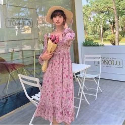 Pink Elegant Sweet Floral Dress -Kawaii Fashion Shop Pink Elegant Floral Dress Women Autumn Print Chiffon Party Midi Dress Female Casual designer Korean sweet 2