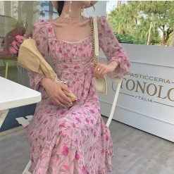 Pink Elegant Sweet Floral Dress -Kawaii Fashion Shop Pink Elegant Floral Dress Women Autumn Print Chiffon Party Midi Dress Female Casual designer Korean sweet 3