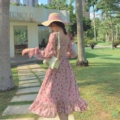 Pink Elegant Sweet Floral Dress -Kawaii Fashion Shop Pink Elegant Floral Dress Women Autumn Print Chiffon Party Midi Dress Female Casual designer Korean sweet 5