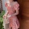 Kawaii Pink Floral Dress -Kawaii Fashion Shop Pink Elegant Kawaii Dress Women Floral Print Cherry Mini Dress Female Casual Sweet Japan Korean Style