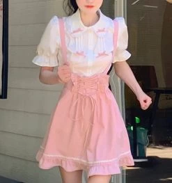 Kawaii Pink Sweet Mini Dresses -Kawaii Fashion Shop Pink Sweet Kawaii Mini Dresses Women Japanese College Style Cute Tank Dress Female Bandage Casual Korean 2