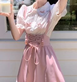 Kawaii Pink Sweet Mini Dresses -Kawaii Fashion Shop Pink Sweet Kawaii Mini Dresses Women Japanese College Style Cute Tank Dress Female Bandage Casual Korean 4