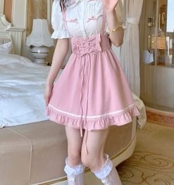Kawaii Pink Sweet Mini Dresses -Kawaii Fashion Shop Pink Sweet Kawaii Mini Dresses Women Japanese College Style Cute Tank Dress Female Bandage Casual Korean 5