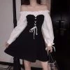 Summer A-Line Puff Sleeve Dress 1 Summer A-Line Puff Sleeve Dress -Kawaii Fashion Shop Plus Size Dress Women Patchwork Splicing Lace up Long Sleeve Elegant Dress Sexy Slash Neck Puff
