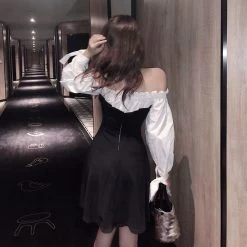 Summer A-Line Puff Sleeve Dress 9 Summer A-Line Puff Sleeve Dress -Kawaii Fashion Shop Plus Size Dress Women Patchwork Splicing Lace up Long Sleeve Elegant Dress Sexy Slash Neck Puff 2