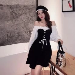Summer A-Line Puff Sleeve Dress 10 Summer A-Line Puff Sleeve Dress -Kawaii Fashion Shop Plus Size Dress Women Patchwork Splicing Lace up Long Sleeve Elegant Dress Sexy Slash Neck Puff 3