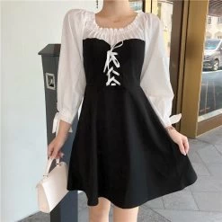 Summer A-Line Puff Sleeve Dress 11 Summer A-Line Puff Sleeve Dress -Kawaii Fashion Shop Plus Size Dress Women Patchwork Splicing Lace up Long Sleeve Elegant Dress Sexy Slash Neck Puff 4