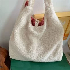 Kawaii Cherry Plush Tote Bag -Kawaii Fashion Shop Plush Tote Bag Shopper Handbag for Women 2022 Autumn Winter Girls Casual Cute Cherry Embroidery Lmitation 1