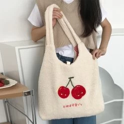 Kawaii Cherry Plush Tote Bag -Kawaii Fashion Shop Plush Tote Bag Shopper Handbag for Women 2022 Autumn Winter Girls Casual Cute Cherry Embroidery Lmitation 2