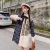 Chic Plaid Irregular Short Dress -Kawaii Fashion Shop Preppy Style Fresh Splice Plaid Loose Woman Mini Dress Female Bow Button Girls Dress Mori Girl