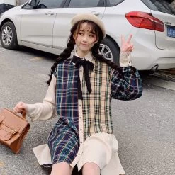 Chic Plaid Irregular Short Dress 8 Chic Plaid Irregular Short Dress -Kawaii Fashion Shop Preppy Style Fresh Splice Plaid Loose Woman Mini Dress Female Bow Button Girls Dress Mori Girl 2