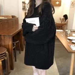 Vintage Pure Color Long Loose Knitted Sweaters 10 Vintage Pure Color Long Loose Knitted Sweaters -Kawaii Fashion Shop Pullovers Women Loose Knitting Solid Sweet Ribbed All match Autumn Twisted Pull Casual Fashion Korean Style 2