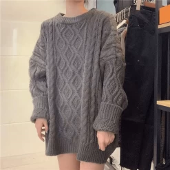 Vintage Pure Color Long Loose Knitted Sweaters 11 Vintage Pure Color Long Loose Knitted Sweaters -Kawaii Fashion Shop Pullovers Women Loose Knitting Solid Sweet Ribbed All match Autumn Twisted Pull Casual Fashion Korean Style 3