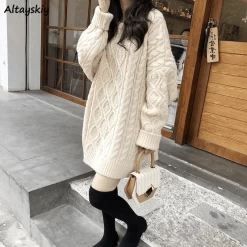 Vintage Pure Color Long Loose Knitted Sweaters 13 Vintage Pure Color Long Loose Knitted Sweaters -Kawaii Fashion Shop Pullovers Women Loose Knitting Solid Sweet Ribbed All match Autumn Twisted Pull Casual Fashion Korean Style 4