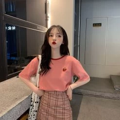 Kawaii Pattern Pink Loosed T-shirt -Kawaii Fashion Shop Pulovers T Shirt Loose Women s T shirt Summer Aesthetic Fashion Tops Short Sleeve Korean Casual 5