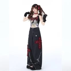 Punk Girl Style Ripped Straight Wide Leg Jeans -Kawaii Fashion Shop Punk Girl Style Ripped Straight Wide Leg Jeans 1