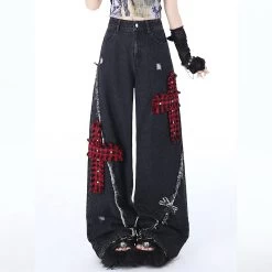 Punk Girl Style Ripped Straight Wide Leg Jeans -Kawaii Fashion Shop Punk Girl Style Ripped Straight Wide Leg Jeans 2