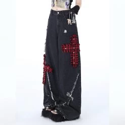 Punk Girl Style Ripped Straight Wide Leg Jeans -Kawaii Fashion Shop Punk Girl Style Ripped Straight Wide Leg Jeans 5
