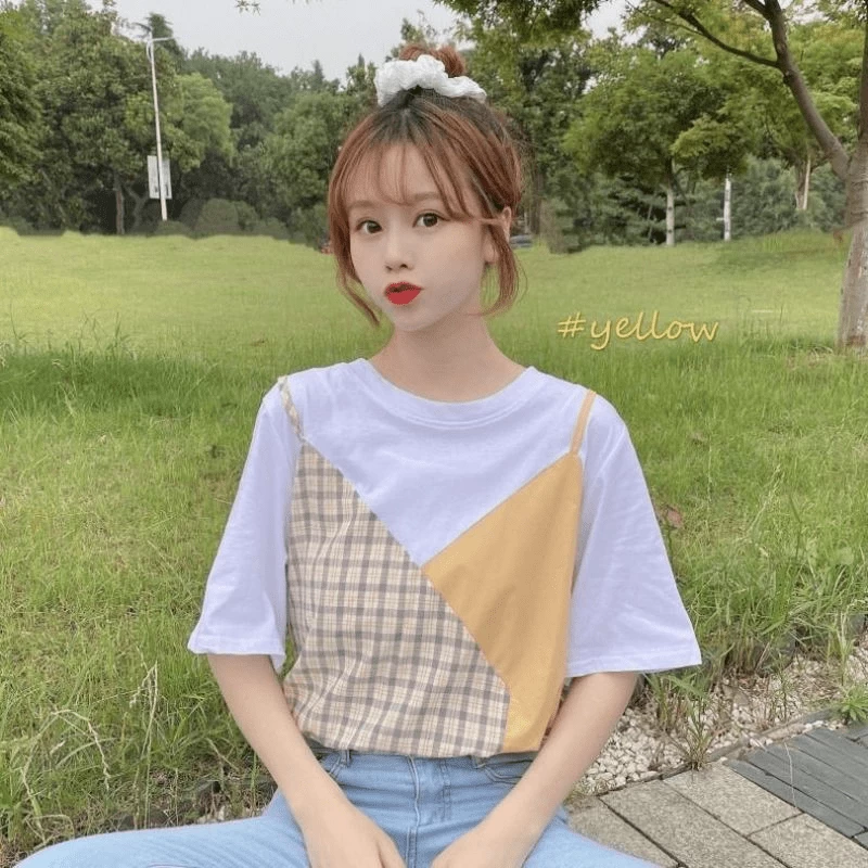 Plaid Color Block Round Collar T-shirt 4 Plaid Color Block Round Collar T-shirt - Image 2