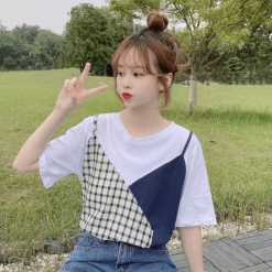 Plaid Color Block Round Collar T-shirt 10 Plaid Color Block Round Collar T-shirt -Kawaii Fashion Shop Pure cotton summer 2021 new ins lattice contrast stitching fake two piece short sleeved T shirt 2