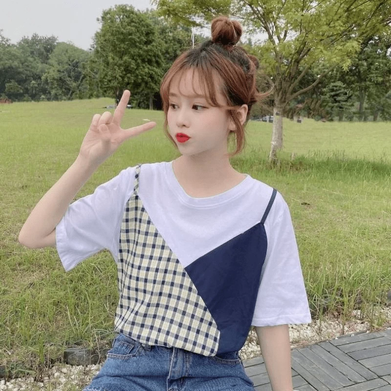 Plaid Color Block Round Collar T-shirt 5 Plaid Color Block Round Collar T-shirt - Image 3