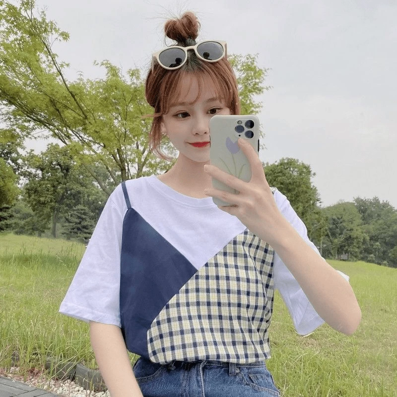 Plaid Color Block Round Collar T-shirt 6 Plaid Color Block Round Collar T-shirt - Image 4