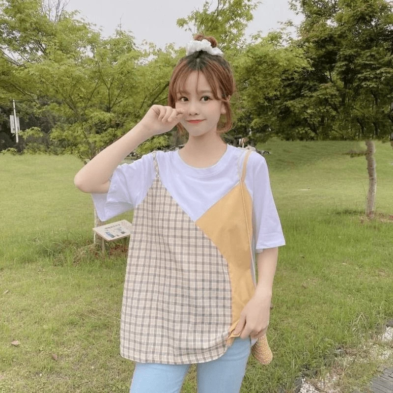 Plaid Color Block Round Collar T-shirt 7 Plaid Color Block Round Collar T-shirt - Image 5