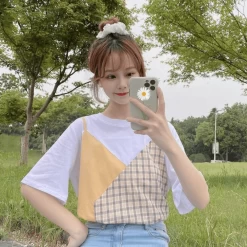 Plaid Color Block Round Collar T-shirt 13 Plaid Color Block Round Collar T-shirt -Kawaii Fashion Shop Pure cotton summer 2021 new ins lattice contrast stitching fake two piece short sleeved T shirt 5