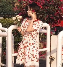 Kawaii Sweet Floral Lace Dress 12 Kawaii Sweet Floral Lace Dress -Kawaii Fashion Shop QWEEK Floral Dress Women Japanese Sweet Kawaii Flower Print Lace Puff Sleeve Short Dresses 2022 Summer 4