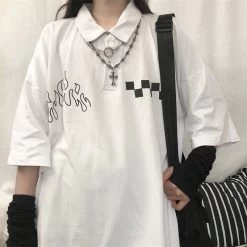 Kawaii White Polo T-Shirt -Kawaii Fashion Shop QWEEK Harajuku Plaid Print Black T shirt Women Streetwear Japanese Style Korean Fashion Summer Tees Tops 1