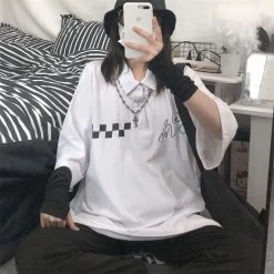Kawaii White Polo T-Shirt -Kawaii Fashion Shop QWEEK Harajuku Plaid Print Black T shirt Women Streetwear Japanese Style Korean Fashion Summer Tees Tops 5