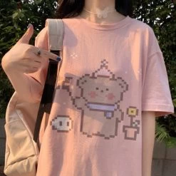 Kawaii Japan Cute Bear T-shirts -Kawaii Fashion Shop QWEEK Japan Kawaii T shirts for Women 2021 Fashion Korean Style Cute Bear Print T shirts 2