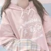Kawaii Pink Long Sleeve Fake Two Piece Hoodies -Kawaii Fashion Shop QWEEK Japanese Harajuku Fake Two Piece Hoodies Women Soft Girl Kawaii Pink Plaid Long Sleeve Letter