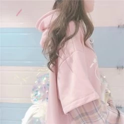 Kawaii Pink Long Sleeve Fake Two Piece Hoodies -Kawaii Fashion Shop QWEEK Japanese Harajuku Fake Two Piece Hoodies Women Soft Girl Kawaii Pink Plaid Long Sleeve Letter 2