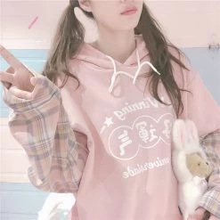 Kawaii Pink Long Sleeve Fake Two Piece Hoodies -Kawaii Fashion Shop QWEEK Japanese Harajuku Fake Two Piece Hoodies Women Soft Girl Kawaii Pink Plaid Long Sleeve Letter 3