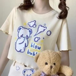 Kawaii Bear Print Graphic T-Shirts -Kawaii Fashion Shop QWEEK Kawaii Bear Print Graphic T Shirts Women 2021 Cute Cartoon Print Japanese Style Summer Feminine 1