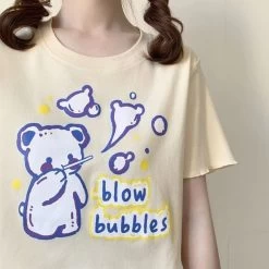 Kawaii Bear Print Graphic T-Shirts -Kawaii Fashion Shop QWEEK Kawaii Bear Print Graphic T Shirts Women 2021 Cute Cartoon Print Japanese Style Summer Feminine 2